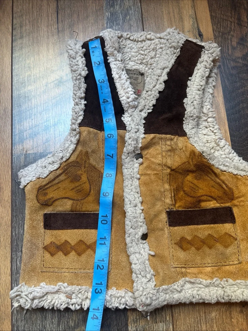 Vtg Mecho Mexican suede leather hand burned horse print Sherpa lined vest S